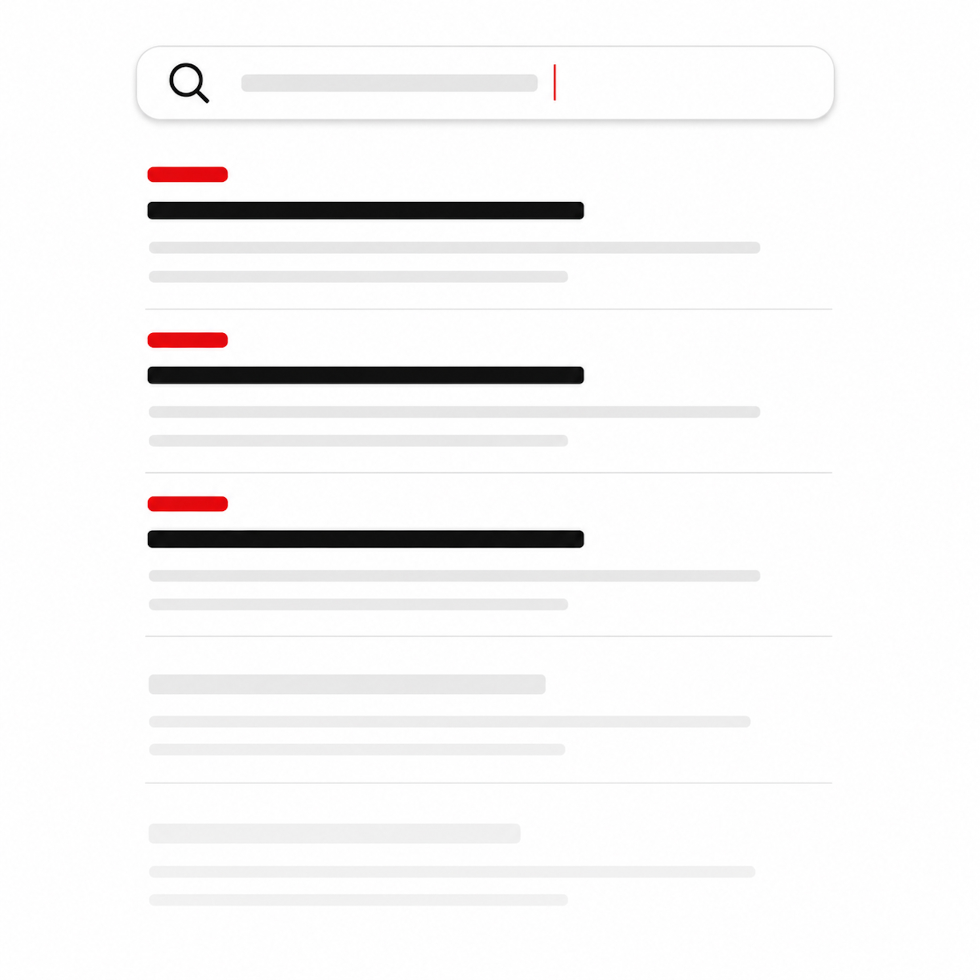 Abstrakte Darstellung einer Suchergebnisseite mit hervorgehobenen Anzeigen über den organischen Ergebnissen