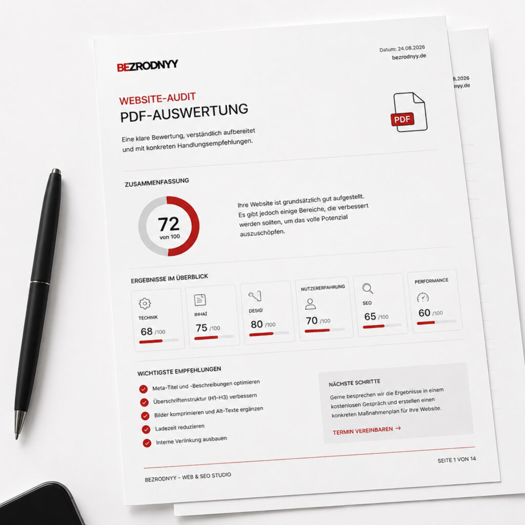 PDF-Auswertung des Website-Checks mit Bewertung von Performance, Sicherheit und SEO