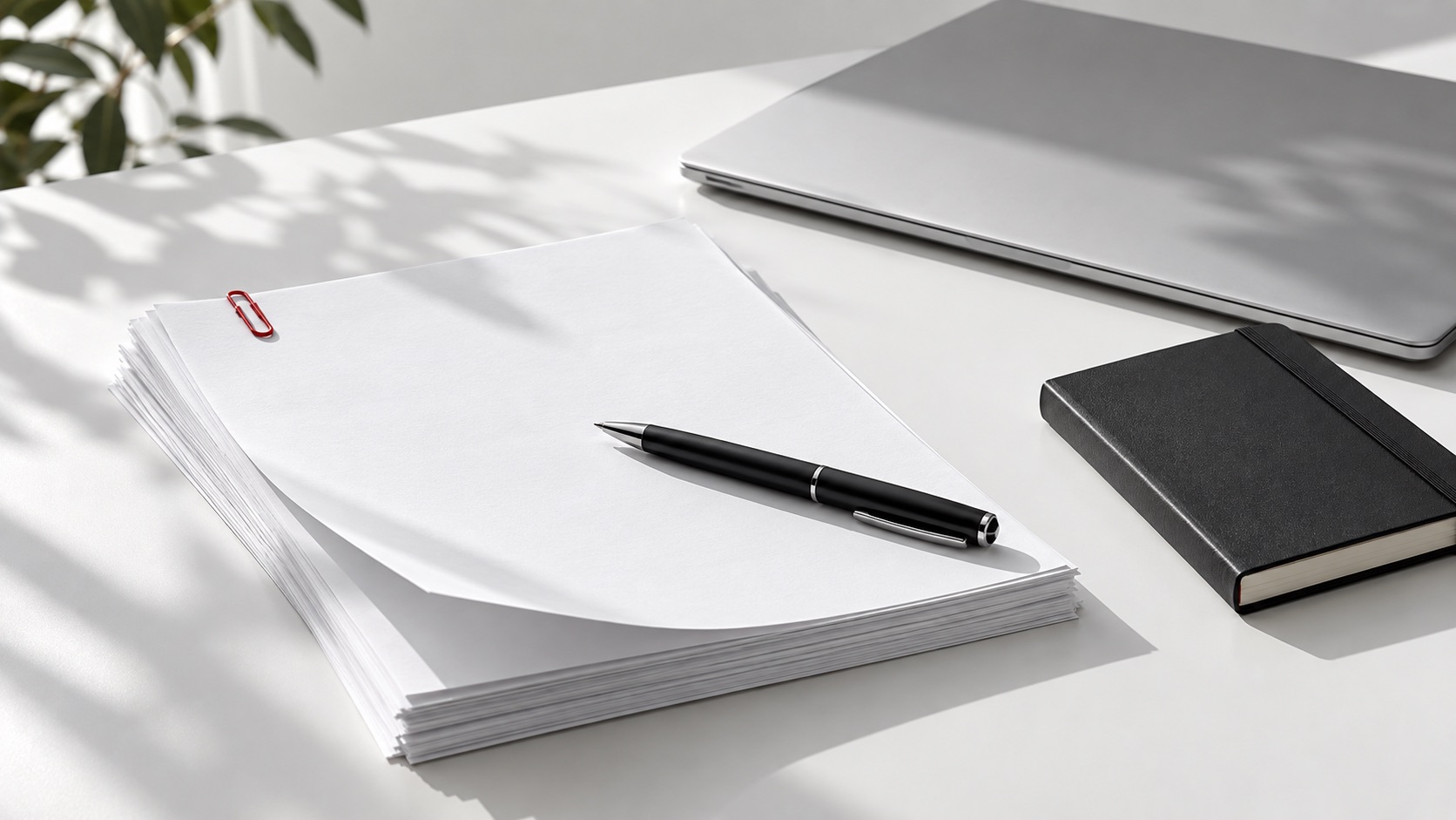 Vertragsunterlagen und Laptop auf hellem Schreibtisch – Prüfung eines WordPress-Wartungsvertrags