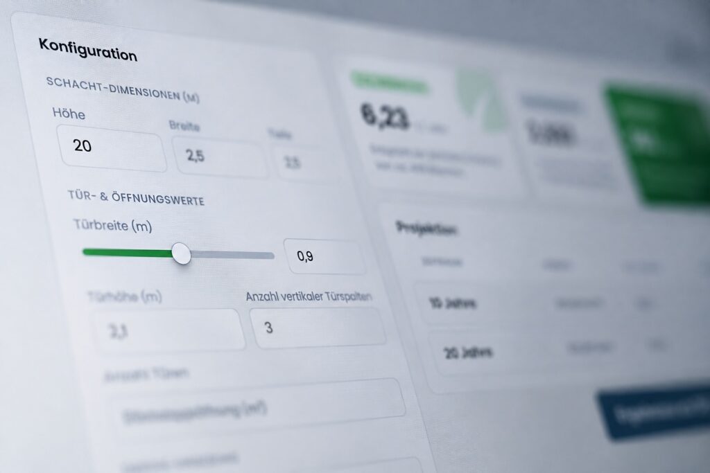 Online-Einsparrechner auf enevkit.de mit Eingabefeldern für Schachtmaße und Schieberegler für die Türbreite