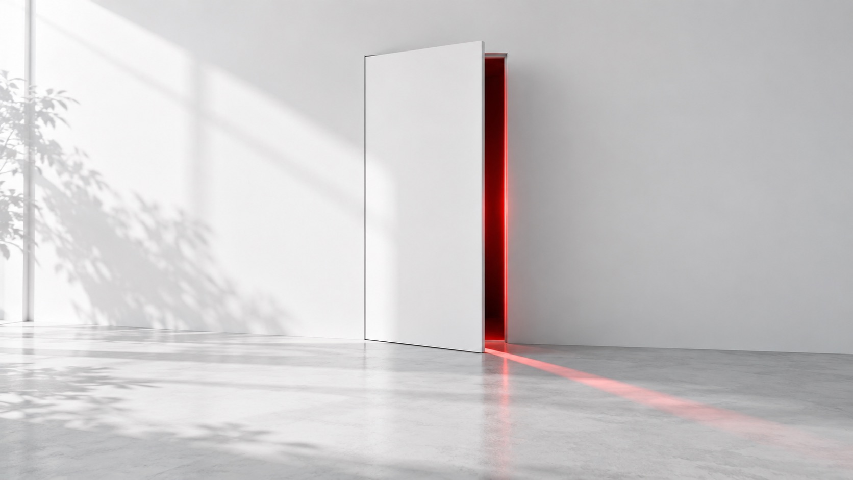 Weiße Tür in heller Wand, einen Spalt offen, aus dem Spalt fällt rotes Licht – Symbolbild für eine gehackte Website